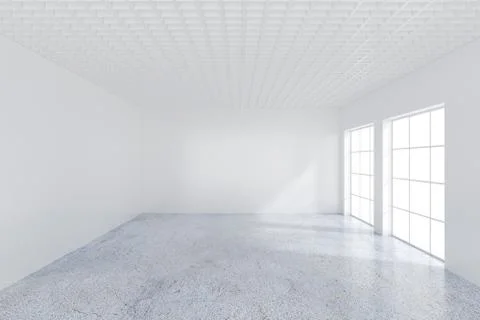 Large room with windows and falling light from the window to the floor. 3D Illustrazione stock