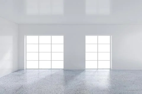 Large room with windows and falling light from the window to the floor. 3D Stock Illustration