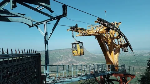 Large ropeway cable car mechanism with steel ropes and metal structures Stock Footage 146515900
