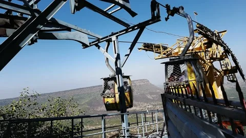 Large ropeway cable car mechanism with steel ropes and metal structures Stock Footage 146534380