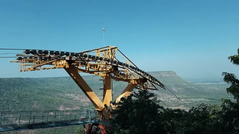 Large ropeway cable car mechanism with steel ropes and metal structures Stock Footage 146537070