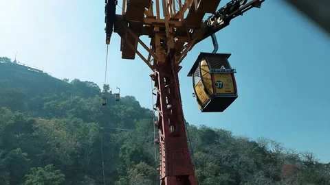 Large ropeway cable car mechanism with steel ropes and metal structures Stock Footage 146608314