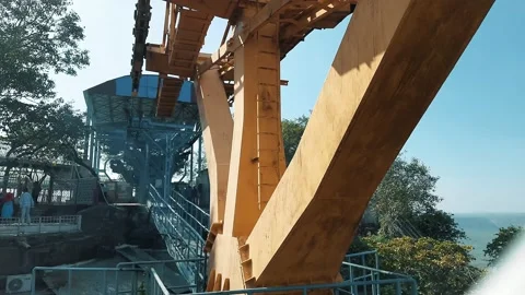 Large ropeway cable car mechanism with steel ropes and metal structures Stock Footage 146647398