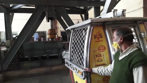 Large ropeway cable car mechanism with steel ropes and metal structures Stock Footage 146799679
