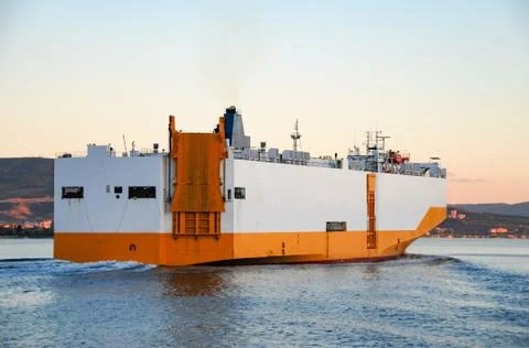 Large RORO ship or oceangoing vehicle carrier ship sailing Stock Photos