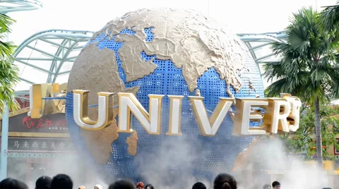 Large rotating globe fountain in front of Universal Studios Video stock 34500834