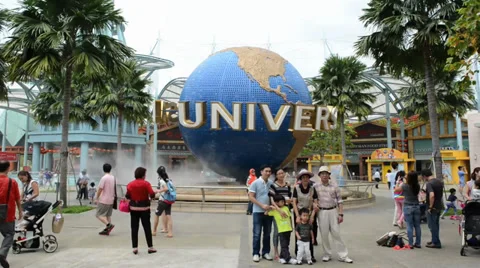 Large rotating globe fountain in front of Universal Studios Video stock 34501437