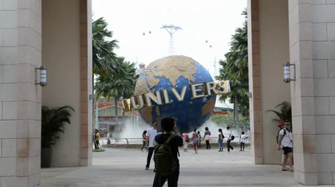 Large rotating globe fountain in front of Universal Studios Video stock 34501552