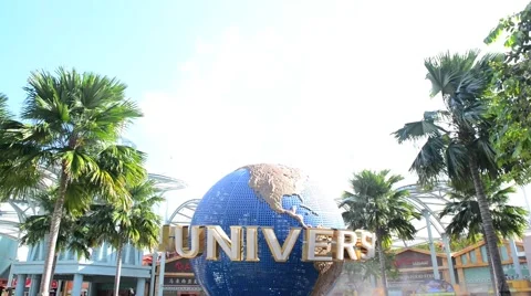 Large rotating globe fountain in front of Universal Studios Stock Footage 47197567