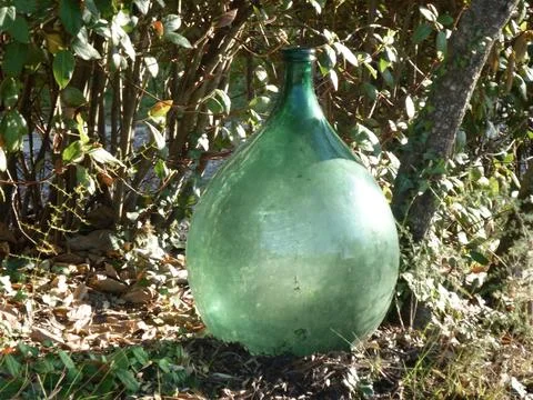 A large round empty glass bottle for winemaking lies on the grass in the gard Stock Photos
