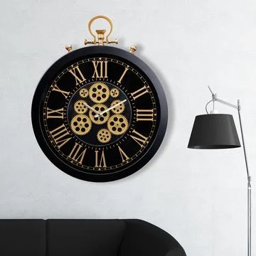 A large round indoor clock on the wall. Big clock on metal rack Photos