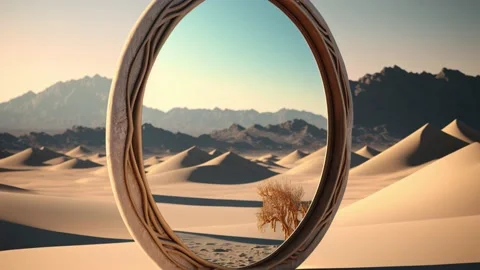 Large round mirror in desert Stock Footage 235415888