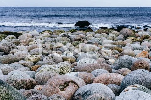Large round stones on the shore of blue cold water of the Arctic Ocean under Stock Photos