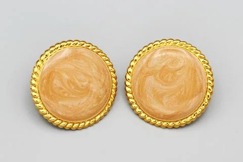Large Round Studs Earrings, Beige Peach Enamel Swirl, Gold Tone Metal Metallic Stock Photos