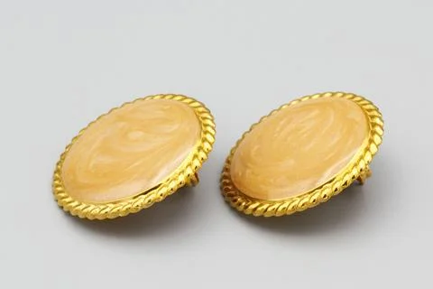 Large Round Studs Earrings, Beige Peach Enamel Swirl, Gold Tone Metal Metallic Stock Photos