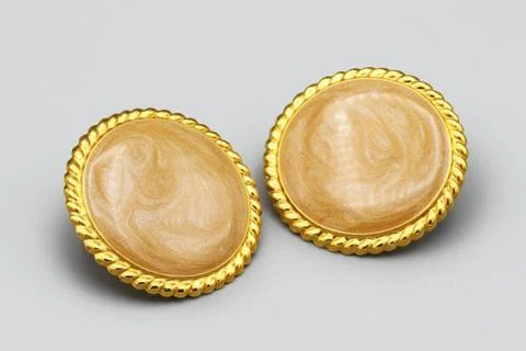 Large Round Studs Earrings, Beige Peach Enamel Swirl, Gold Tone Metal Metallic Stock Photos