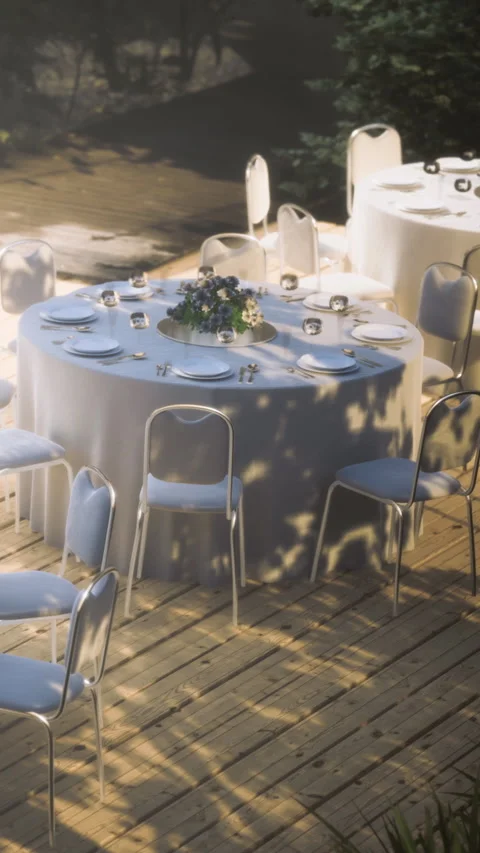 Large round table set with plates and glasses for gathering in a garden area Stock Footage 334263018