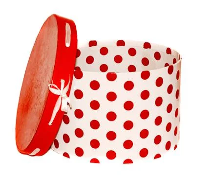 Large round white gift box with red dots on a white background Stock Photos