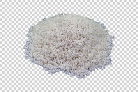 A large, rounded heap of raw white jasmine rice grains piled together again. Stock Photos