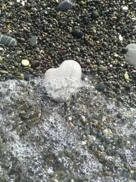 Large rounded light grey stone in shape of heart lies under the water near th Stock Photos