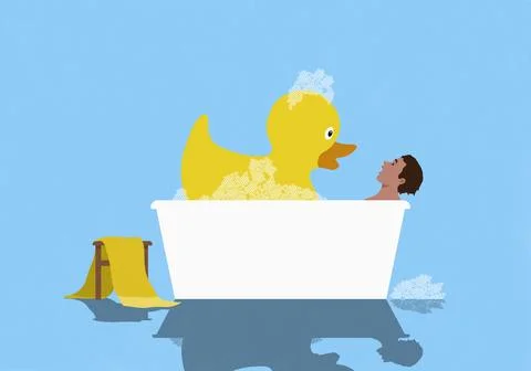 Large rubber duck face to face with man sleeping in bubble bath 库存插图