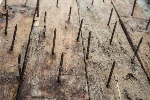 Large rusty nails stick out of old board Stock Photos