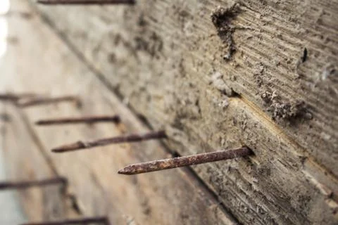 Large rusty nails stick out of old board Stock Photos