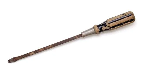 Large Rusty Vintage Flat Head Screwdriver Isolated on White Foto stock