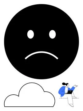 Large Sad Face Emoticon with Tiny Person Sitting on a Cloud Using a Laptop イラスト素材