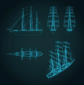 Large sailing ship blueprints with the sails down Stock Illustration