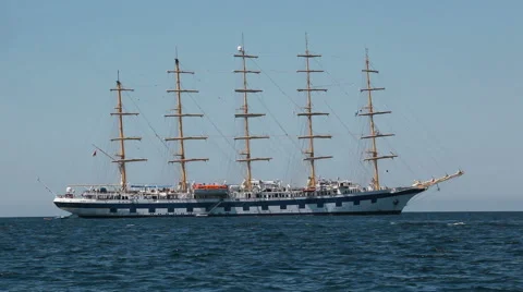 Large sailing ship with five masts anchored in the open sea. Stock Footage 52615593