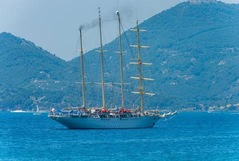 Large Sailing Ship with Four Masts - Gulf of La Spezia Liguria Italy Stock Photos