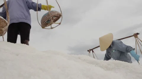Large Salt Hill Workers Climb and Dump Salt Stock Footage 42425874