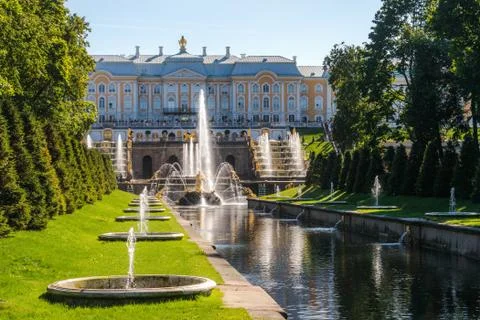 Large (Samson) Channel with a view of Peterhof Grand Palace. Stock Photos