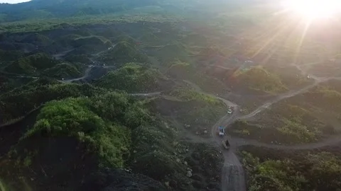 Large sand mine on the slope of Merapi Volcano. sands come from volcano Stock Footage 209931619