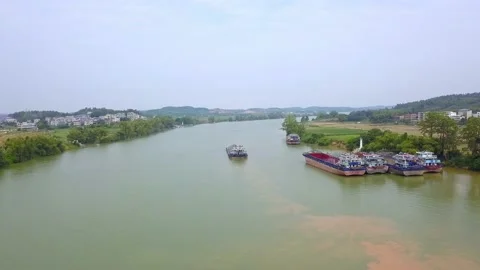 Large sand mining boat driving on river outdoors Stock Footage 207729161