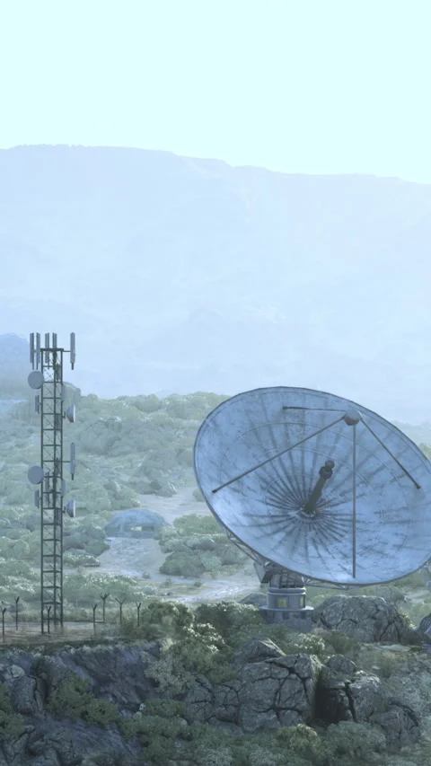 Large satellite dish at communication station near mountains during daytime Vídeo Stock 335690474