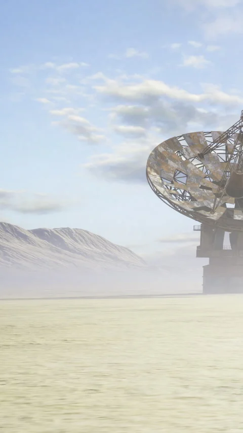 A large satellite dish is mounted on a platform by a body of water Vídeo Stock 339957150