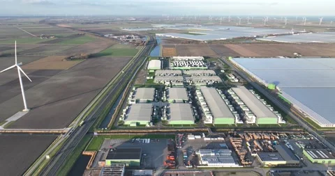 Large scale computing infrastructure, datacenter aerial drone overhead view Stock Footage 229877616