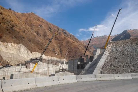 Large-scale construction of a mudflow protection dam in the Big Almaty Gorge in Stock Photos
