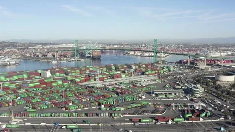 Large Scale Container Shipping Port San Pedro Los Angeles California Drone Stock Footage 147225022