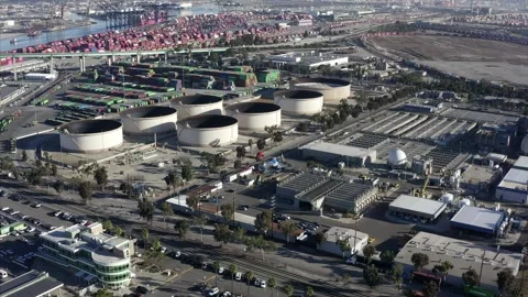 Large Scale Container Shipping Port San Pedro Los Angeles California Drone Stock Footage 147225363