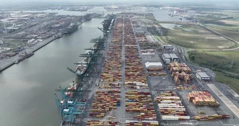 Large scale container terminal transportation. Automated harbour and loading Video stock 249101041