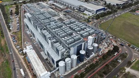 Large scale data center facility infrastructure aerial view Stock Photos