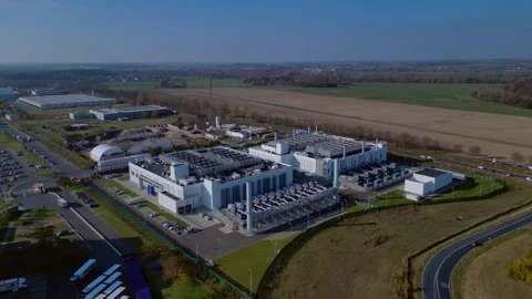 Large scale data center, Internet Ai technology Dramatic aerial view flight Stock Footage 321212431