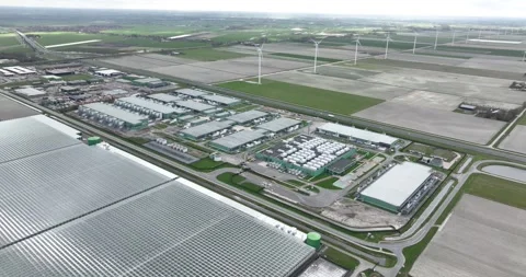Large scale datacenter aerial drone view at Agriport, Middenmeer, The Stock Footage 268754305