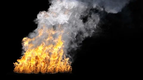 Large scale flame closeup with smoke isolated on black background Stock Footage 72522682