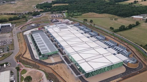 Large Scale Modern Data Center Facility Captured During Daytime Aerial View Stock Footage 342077692