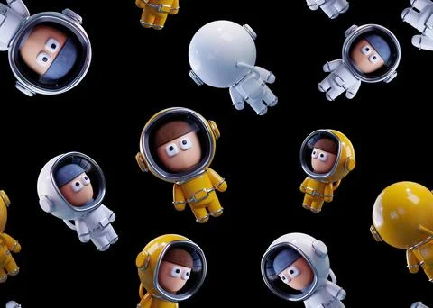 Large scale Pattern of white and yellow astronauts on a black background isol Stockillustratie