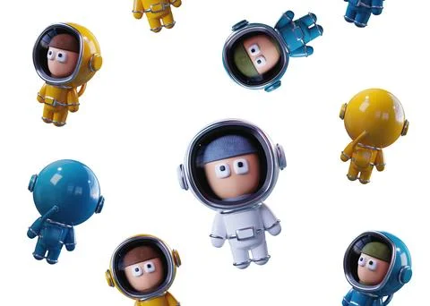 Large scale Pattern of white, blue and yellow astronauts on a white backgroun Stock Illustration